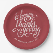 Personalisiertes Burgundy Script Happy Thanksgivin Pappteller (Vorderseite)