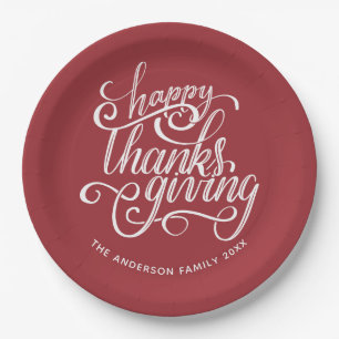 Personalisiertes Burgundy Script Happy Thanksgivin Pappteller