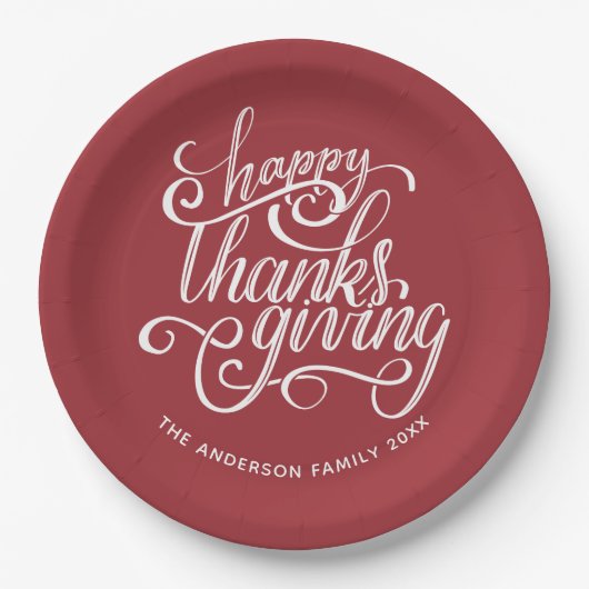 Personalisiertes Burgundy Script Happy Thanksgivin Pappteller (Vorderseite)