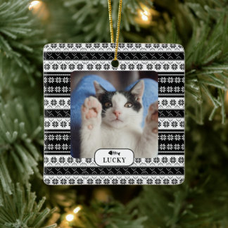 Personalisiertes Cat Black Strick Muster Pet Foto Keramikornament