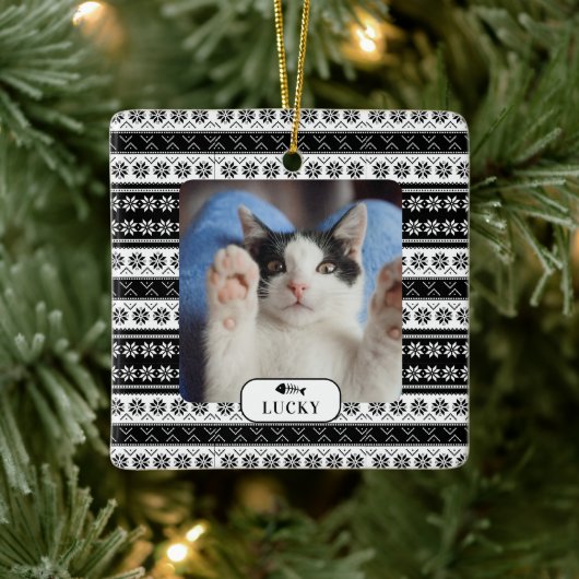 Personalisiertes Cat Black Strick Muster Pet Foto Keramikornament (Baum)
