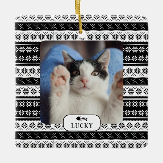 Personalisiertes Cat Black Strick Muster Pet Foto Keramikornament (Vorderseite)