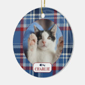 Personalisiertes Cat Blue Kariert Pet Foto Keramik Ornament (Links)