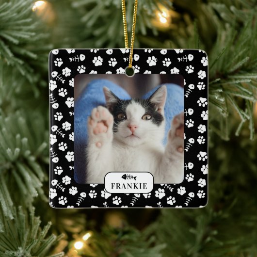 Personalisiertes Cat Fish Bone & Pawprint Pet Foto Keramikornament (Baum)