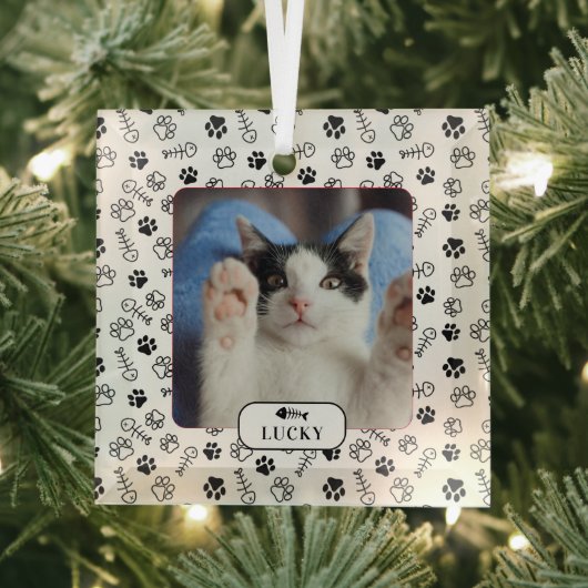 Personalisiertes Cat Fish Bone & Pawprint Pet Foto Ornament Aus Glas (Insitu)