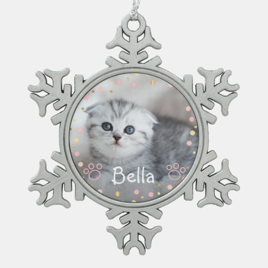 Personalisiertes Cat-Foto Schneeflocken Zinn-Ornament (Vorderseite)