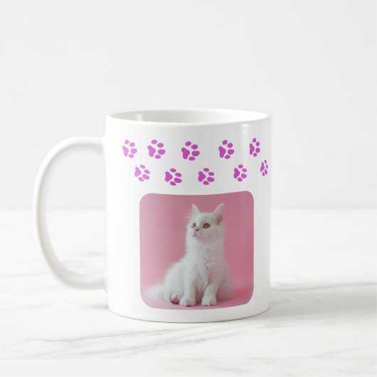 Personalisiertes Cat-Foto und Name Rosa Paw-Drucke Kaffeetasse (Links)