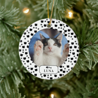 Personalisiertes Cat & Pawprint Pet Foto Keramik Ornament