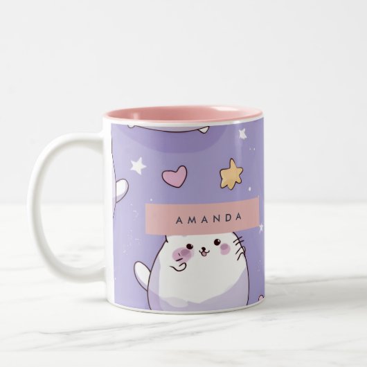 Personalisiertes Chubby Cat & Pastel Star-Muster Zweifarbige Tasse (Links)