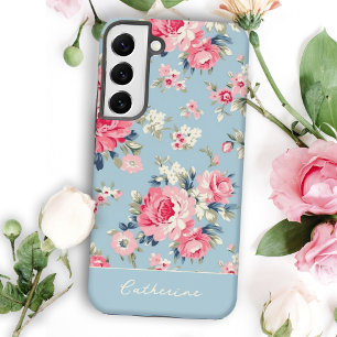 Personalisiertes Cottage Rosa Rosen auf Blauem Hin Samsung Galaxy Hülle