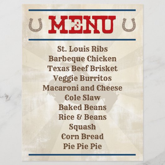 Personalisiertes Cowboy Hoedown Party Menu (Vorderseite)