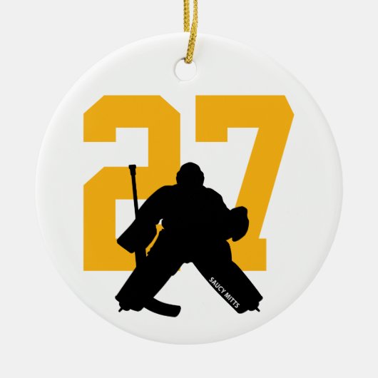 Personalisiertes Custom Hockey Goalie Number Gold Keramik Ornament (Vorne)