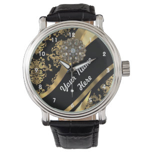 Personalisiertes Damastmuster aus Gold und Schwarz Armbanduhr