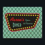 Personalisiertes Diner Art Deco Küche Geschenk Holzdruck<br><div class="desc">Die türkisfarbene Raute verleiht diesem Diner-Schild-Retro-Stil. Personalisieren Sie dieses Diner-Zeichen,  indem Sie den Namen ändern. Das Design stammt aus der Originalkunst.</div>