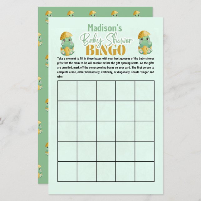 Personalisiertes Dino Bingo Baby Showspiel (Vorne/Hinten)