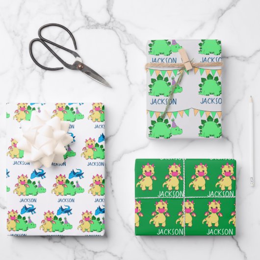 Personalisiertes Dinosaurier-Party Geschenkpapier Set (Vorderseite)