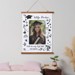 Personalisiertes Doodle-Abschluss-Andenkenfoto Wandteppich Mit Holzrahmen