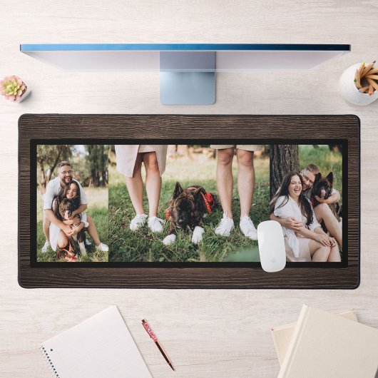 Personalisiertes dunkles Holz 3 Foto Collage Desk  Schreibtischunterlage