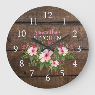 Personalisiertes dunkles Holz und rosa Blumenküch Große Wanduhr