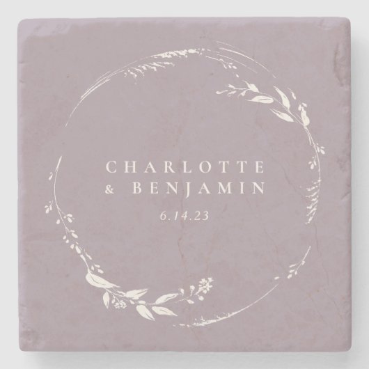 Personalisiertes Dusty Lilac Floral Wreath Monogra Steinuntersetzer (Vorderseite)