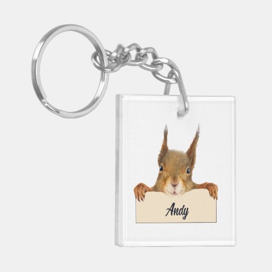 Personalisiertes Eichhörnchengesicht mit Schild Schlüsselanhänger (Vorderseite links)