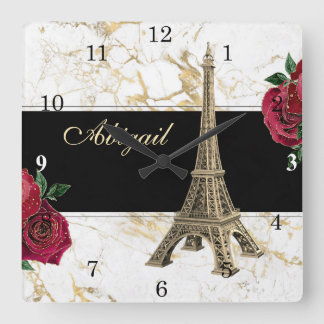 Personalisiertes Eiffelturm Gold, Rose aus weißem Quadratische Wanduhr