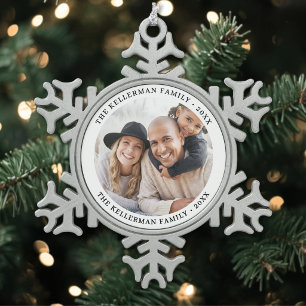Personalisiertes einfaches Familienfoto Weihnachte Schneeflocken Zinn-Ornament