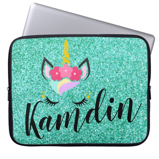 Personalisiertes Einhorn Aquamariner Glitzer Noteb Laptopschutzhülle (Vorderseite)