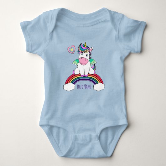 Personalisiertes Einhorn auf einem Regenbogen Baby Strampler (Vorderseite)