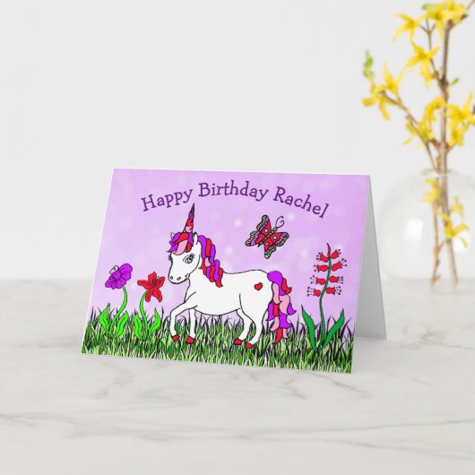 Personalisiertes Einhorn, Blume, Schmetterling Geb Karte (Gelbe Blume)