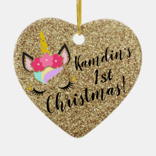 Personalisiertes Einhorn Gold Glitzer XMAS Ornamen Keramik Ornament