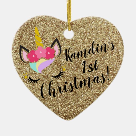 Personalisiertes Einhorn Gold Glitzer XMAS Ornamen Keramik Ornament (Vorne)