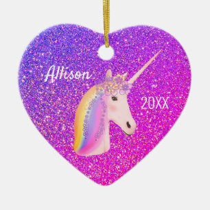 Personalisiertes Einhorn Lila Rosa Glitzer Herz Keramik Ornament