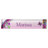 Personalisiertes Einhorn, Schmetterling und Blume Namensplakette (Vorderseite)