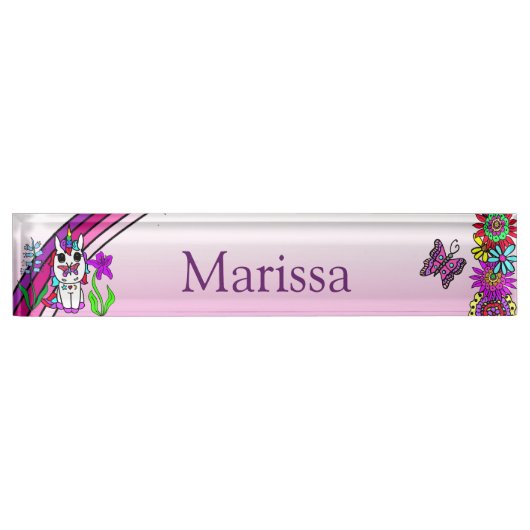 Personalisiertes Einhorn, Schmetterling und Blume Namensplakette (Vorderseite)