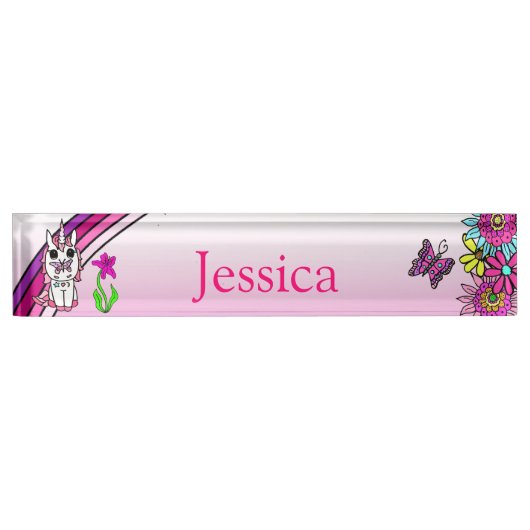 Personalisiertes Einhorn, Schmetterling und Blume Namensplakette (Vorderseite)