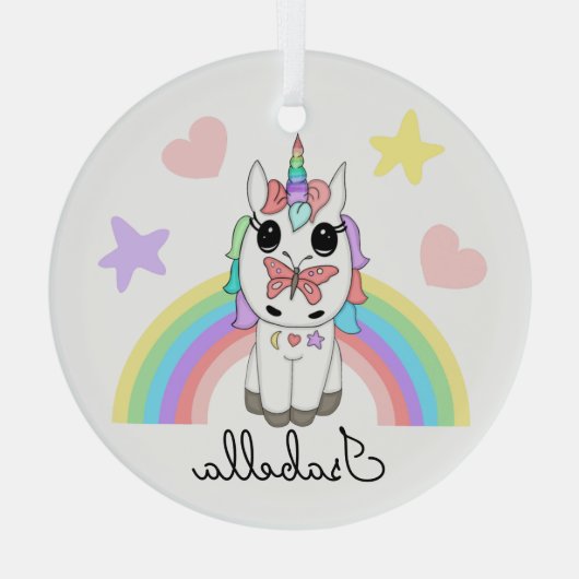 Personalisiertes Einhorn, Schmetterling und Regenb Ornament Aus Glas (Rückseite)
