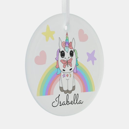 Personalisiertes Einhorn, Schmetterling und Regenb Ornament Aus Glas (Vorderseite Rechts)