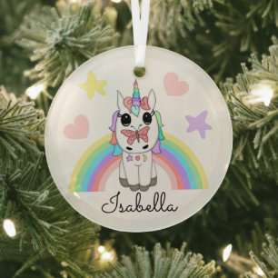 Personalisiertes Einhorn, Schmetterling und Regenb Ornament Aus Glas