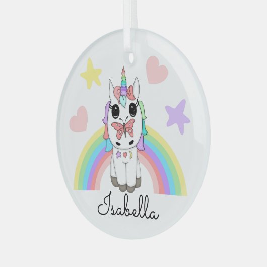 Personalisiertes Einhorn, Schmetterling und Regenb Ornament Aus Glas (Vorderseite links)