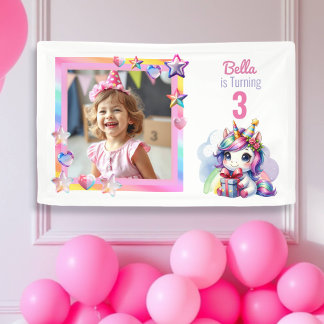 Personalisiertes Einhorn und Foto Girl's Geburtsta Banner