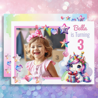 Personalisiertes Einhorn und Foto Girl's Geburtsta Postkarte