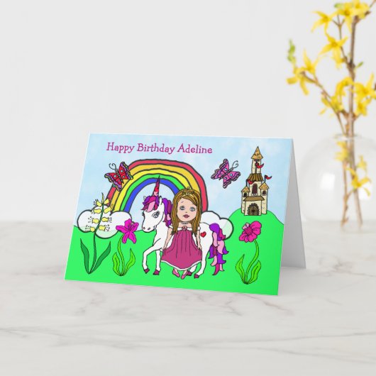 Personalisiertes Einhorn und Prinzessin zum Geburt Karte (Gelbe Blume)
