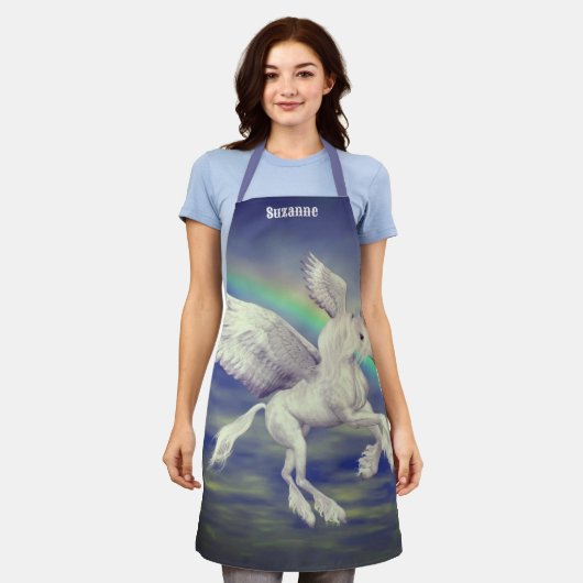 Personalisiertes Einhornpferd über Regenbogen Schürze (Getragen)