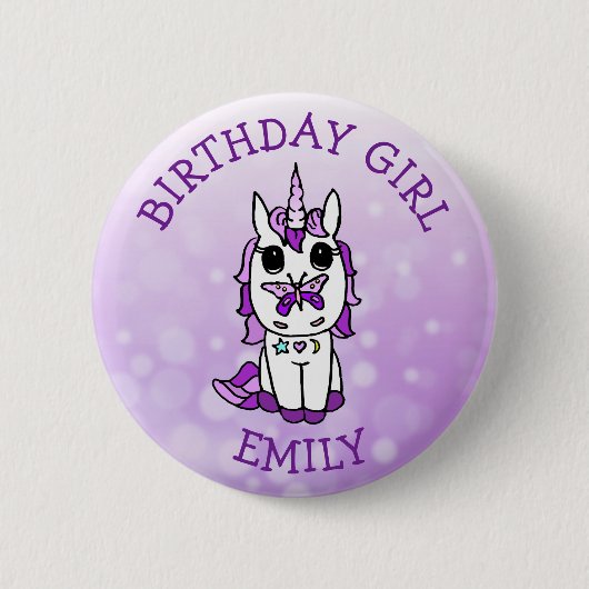 Personalisiertes Einicorn Geburtstagsmädchen Lila Button (Vorderseite)