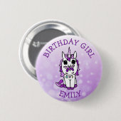 Personalisiertes Einicorn Geburtstagsmädchen Lila Button (Vorne & Hinten)