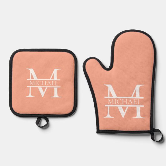 Personalisiertes Eleganpeach Monogram und Name Ofenhandschuh & Topflappen-Set (Vorderseite)