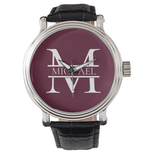 Personalisiertes elegantes Burgundy Monogramm und  Armbanduhr (Vorderseite)