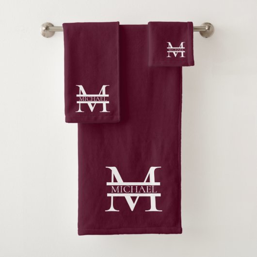 Personalisiertes elegantes Burgundy Monogramm und  Badhandtuch Set (Insitu)