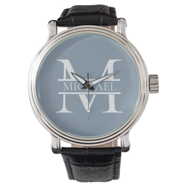 Personalisiertes elegantes Dusty Blue Monogram und Armbanduhr (Vorderseite)